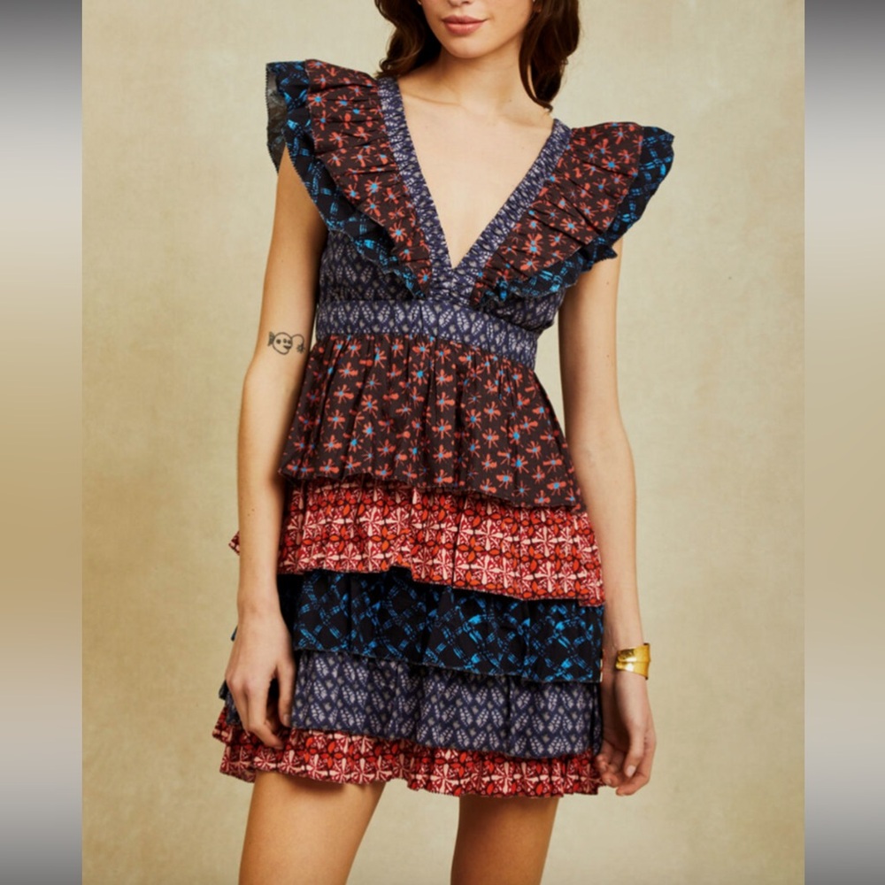 Love The Label multicolor orange and blue Ruffled V-Neck Dress size XS